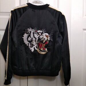 Black Satin Bomber Jacket Size Small – Embroidered Tiger Design-Hot & Delicious